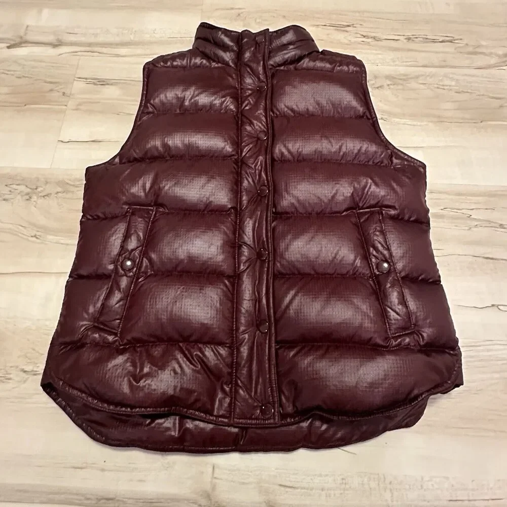 J Crew Women Small Vest Full‎ Zip Goose Down Puffer Full Zip Shiny Burgundy Red